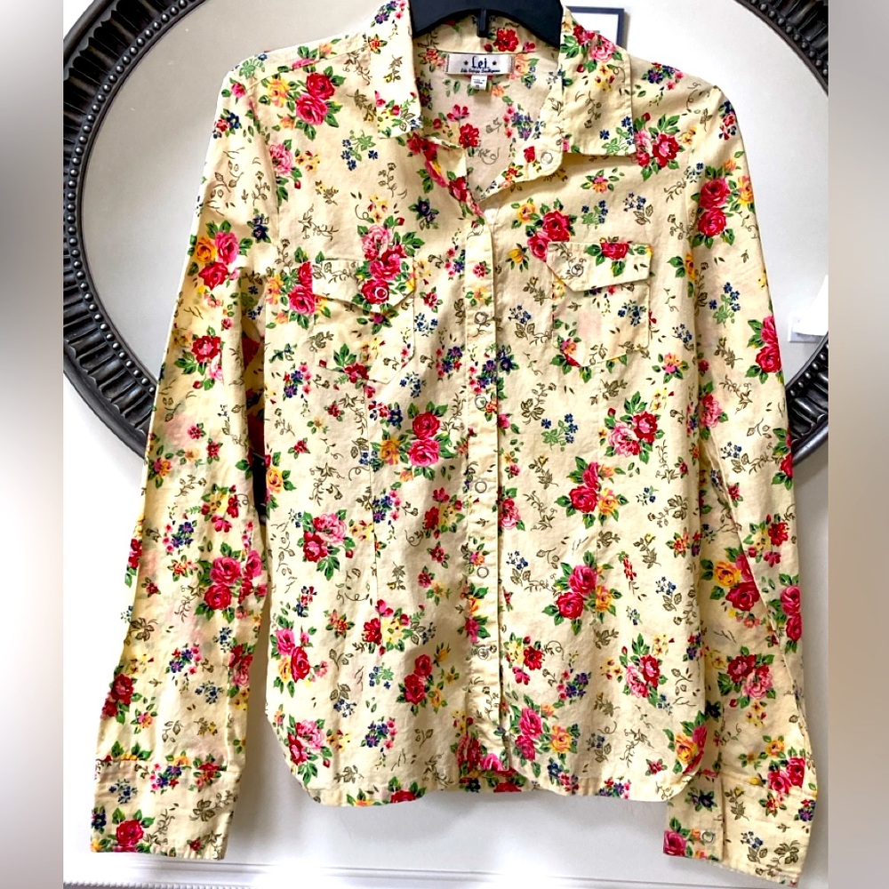 Yellow Floral Snap Front 100% Cotton Blouse